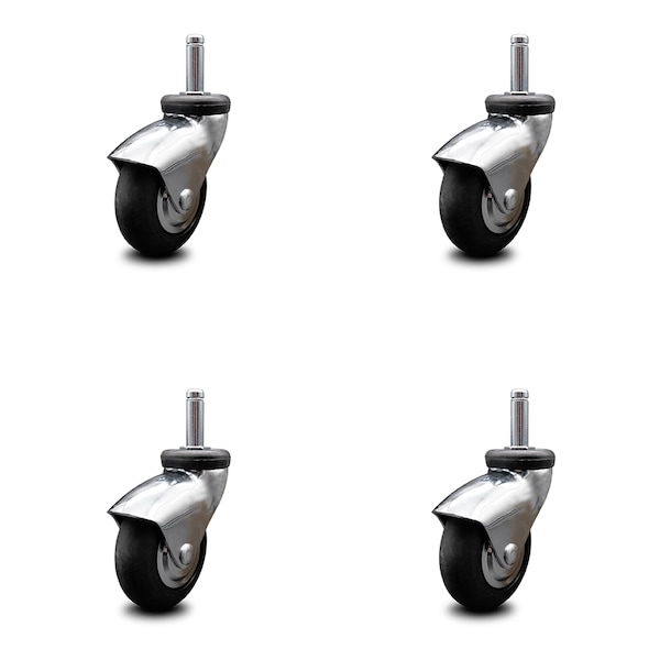 3 Inch Chrome Hooded Neoprene Rubber 3/8 Inch Grip Ring Stem Casters SCC, 4PK